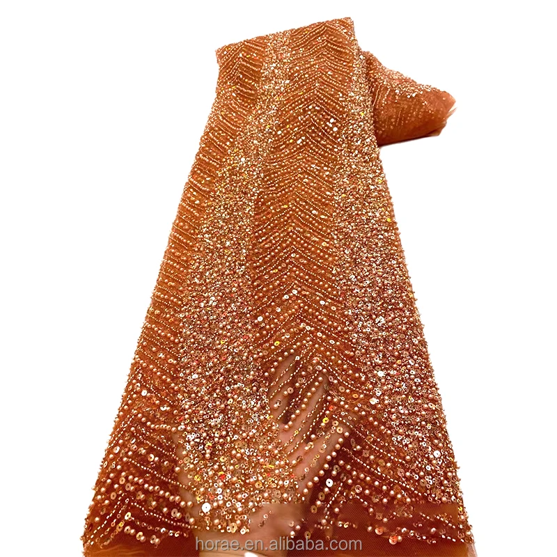 SF011 Luxury African Heavy Beaded Lace Bridal Fabrics Solid Color 3D Sequin Pearl Mesh Fabric for Wedding Dress