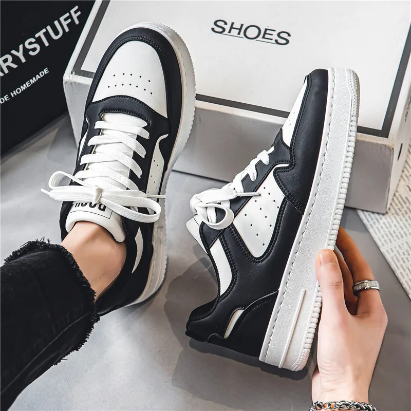 Mens Spring Trendy Brand High-end Leather Sports White Casual Board Shoes Soft Sole Versatile Thick Sole Trendy Shoes