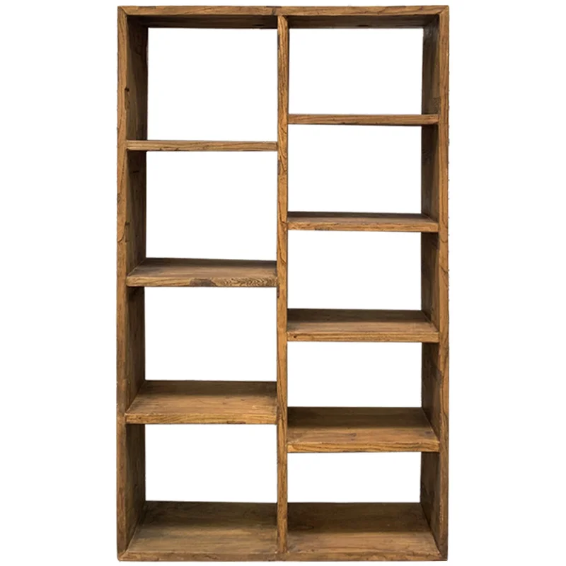 Chinese Antique Recycle Solid Elm Wood Rustic Natural Shelf Bookcase