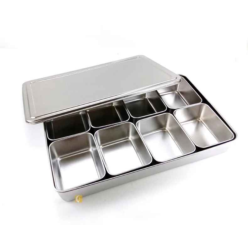 Hot selling rectangular stainless steel Japanese style 8 compartment seasoning box with lid spice container box storage box