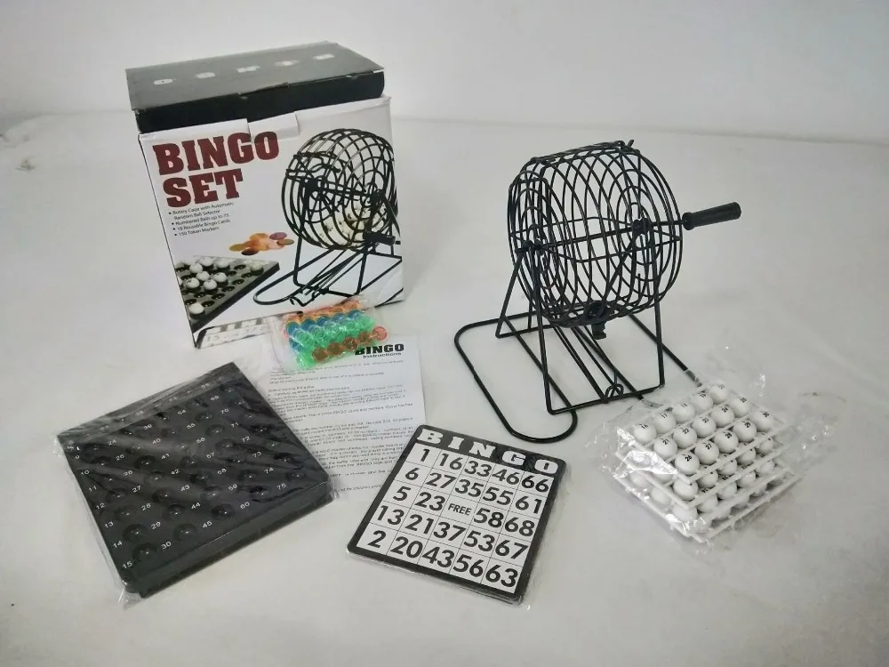 Gaming Game Bingo Game Set - 8-Inch Metal Cage with Plastic Masterboard, 75 Multi-Color Bingo Balls, Bingo Cards and Bingo Chips