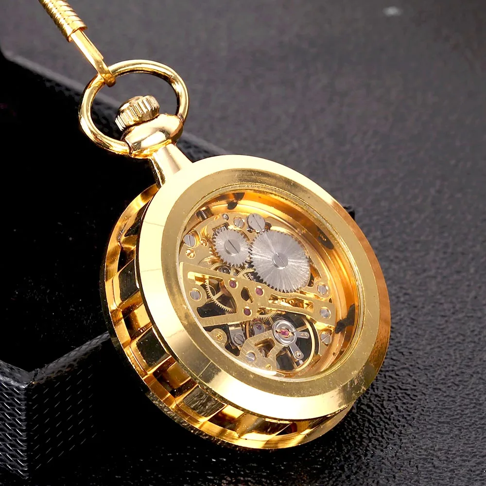 Large mechanical pocket watch high quality golden mskeleton watch wheels design stylish luxury pocket watch wholesale