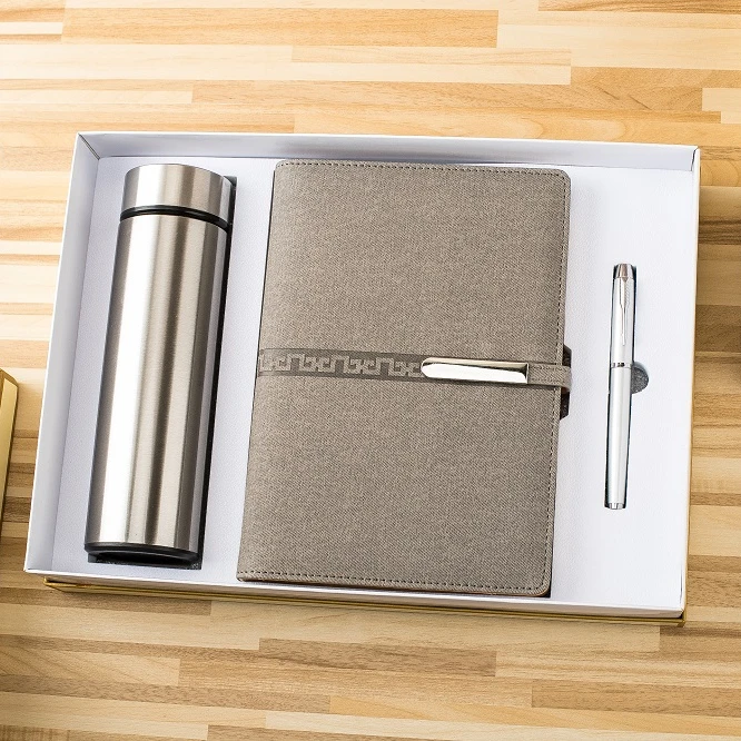 Promotional Loose-leaf A5 long silver buckle notebook+500ml vacuum flask+metal pen business gift set combo