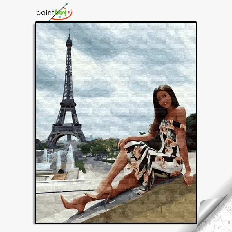 GX36078- 40*50 little girl and iron tower design canvas oil painting wholesales diy paint with numbers