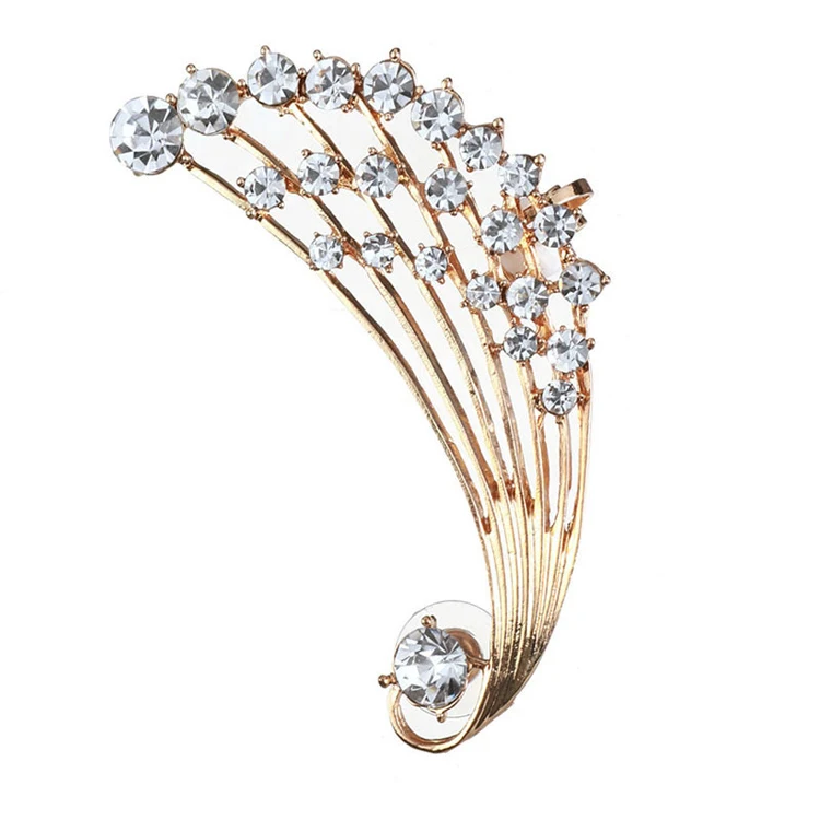 Personality Punk Wing Clip-on Earrings Fashion Spreading Wings Peacock Feather Rhinestone Crystal Cuff Earrings Women