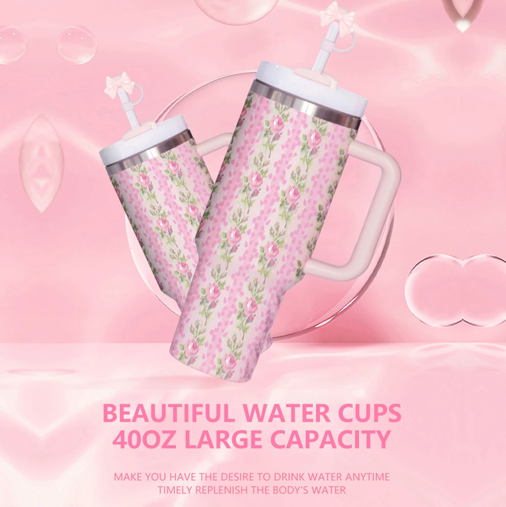 2024 New Business Gifts 40oz Flower Stainless Steel Coffee Cup 40 oz Tumbler With Handle Thermal Mug Classic Insulated Tumblers