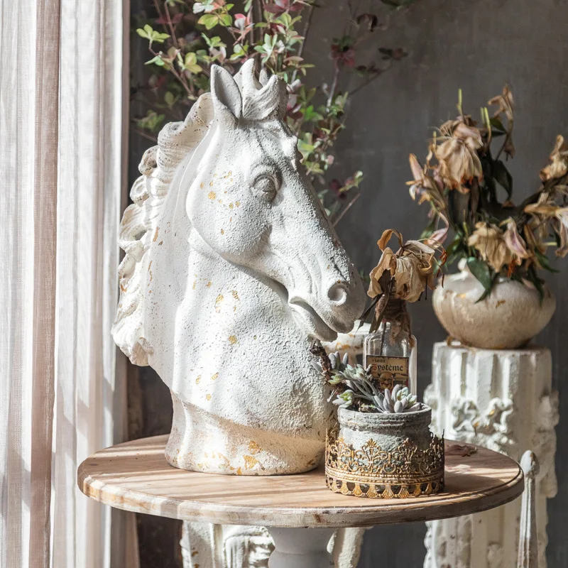 European Retro Old Handmade Living Room Horse Statue Wedding Creative White Magnesia Horse Head Decoration