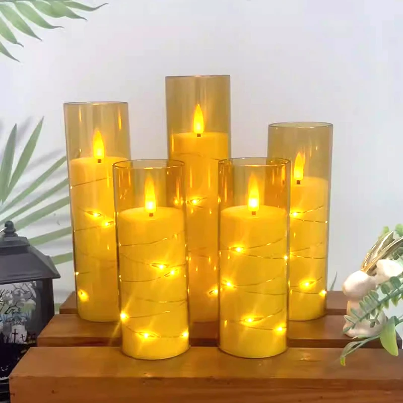 Flameless Flickering Plastic Candles with Embedded Star String Battery Operated LED Pillar Candles with Timer and Remote
