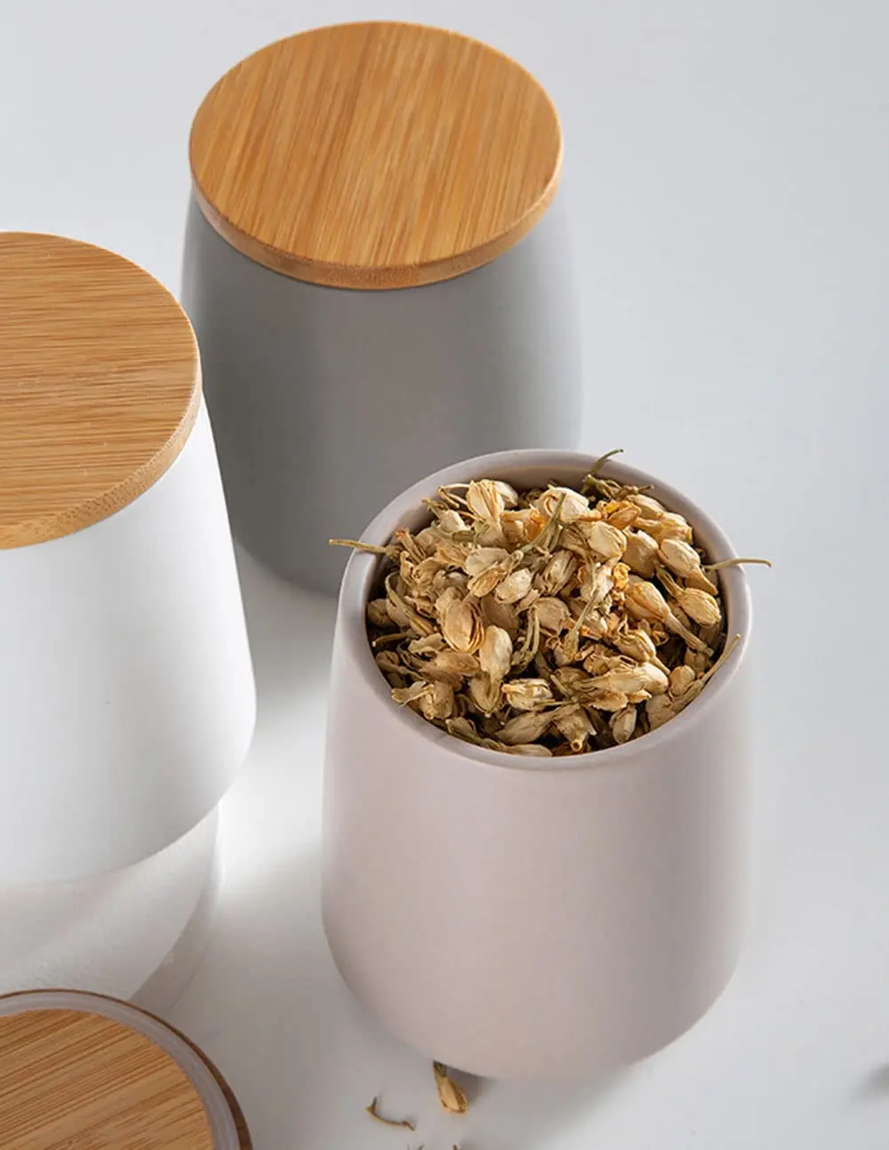 Grey Tea Coffee Sugar Canisters with Bamboo Lids Kitchen Canister