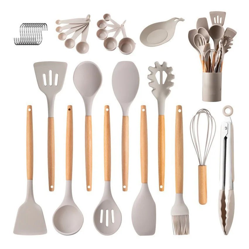 professional high quality wholesale kitchen utensils 24pcs silicone cookware sets with storage holder