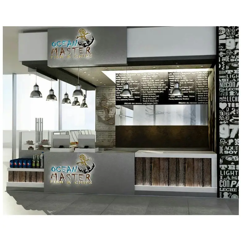 
Modern shopping mall cafe and food kiosk design with wood display counter 