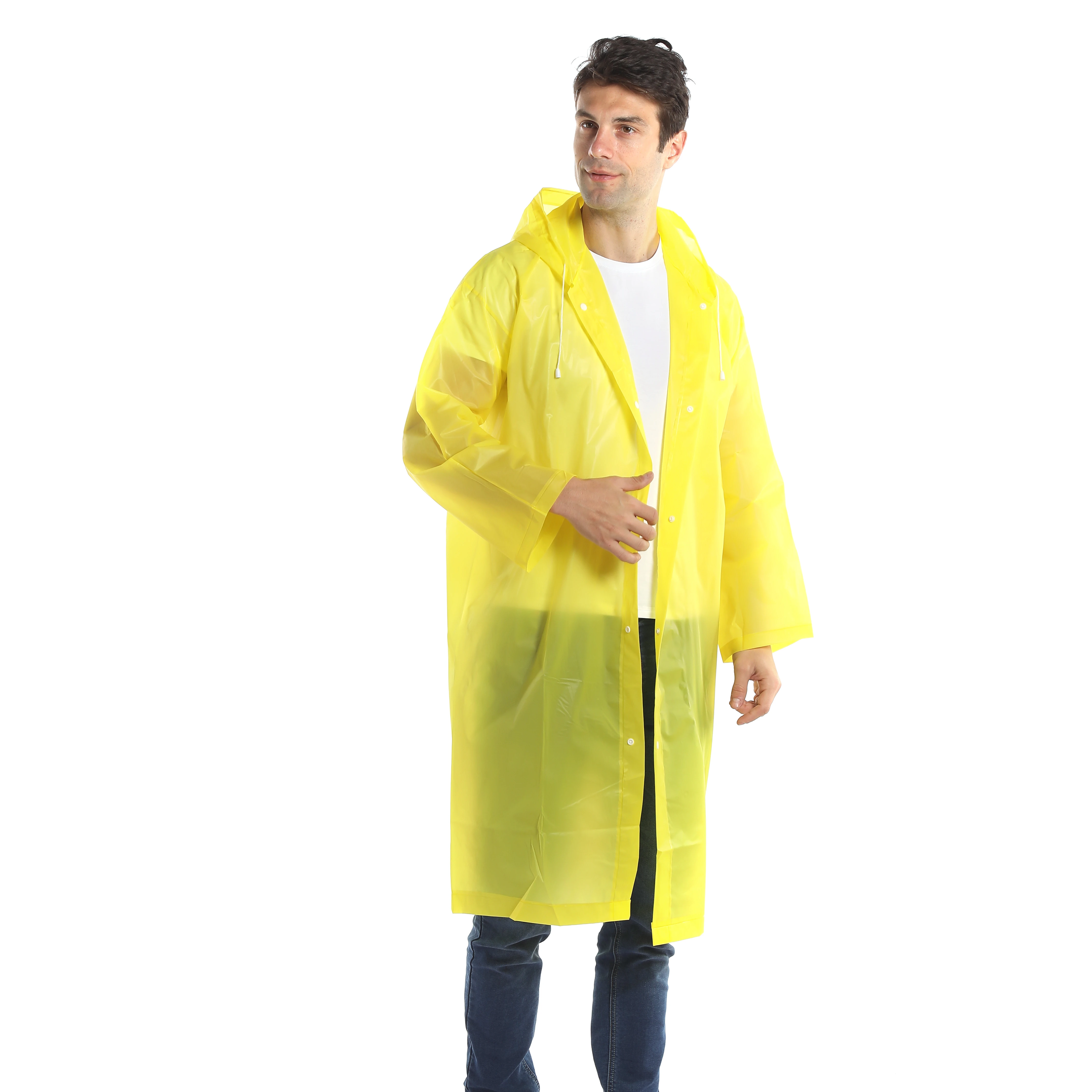 Cheap Price Factory Reusable 0.10mm EVA Waterproof Yellow Long Hooded Raincoat for Adult
