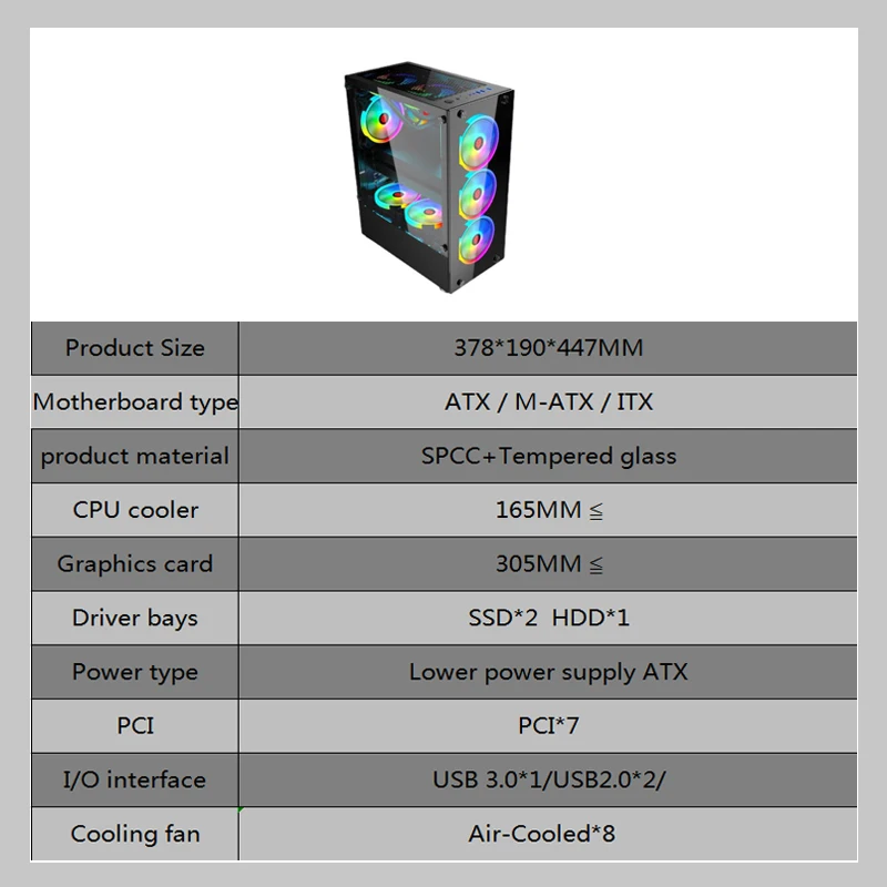 Hot-selling computer panoramic side through 8 fans for cooling hardware pc gaming cases & towers