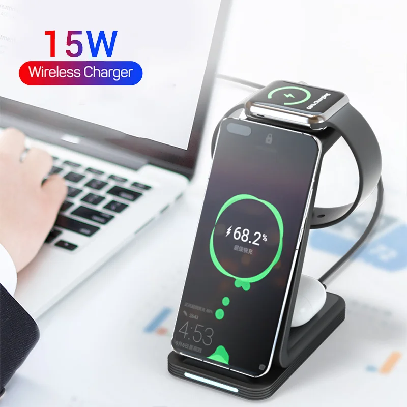 New Arrival 3 in 1 Wireless Charger 15W Fast Mobile Phone Charging Stand Holder For iPhone Wireless Charger