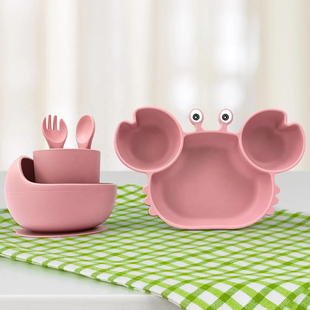 6 Pack Silicone Baby Feeding Set Silicone Cups Baby Bib Set Animal Pattern Printed Suction Bowl Dish Plate Silicone Baby Spoon
