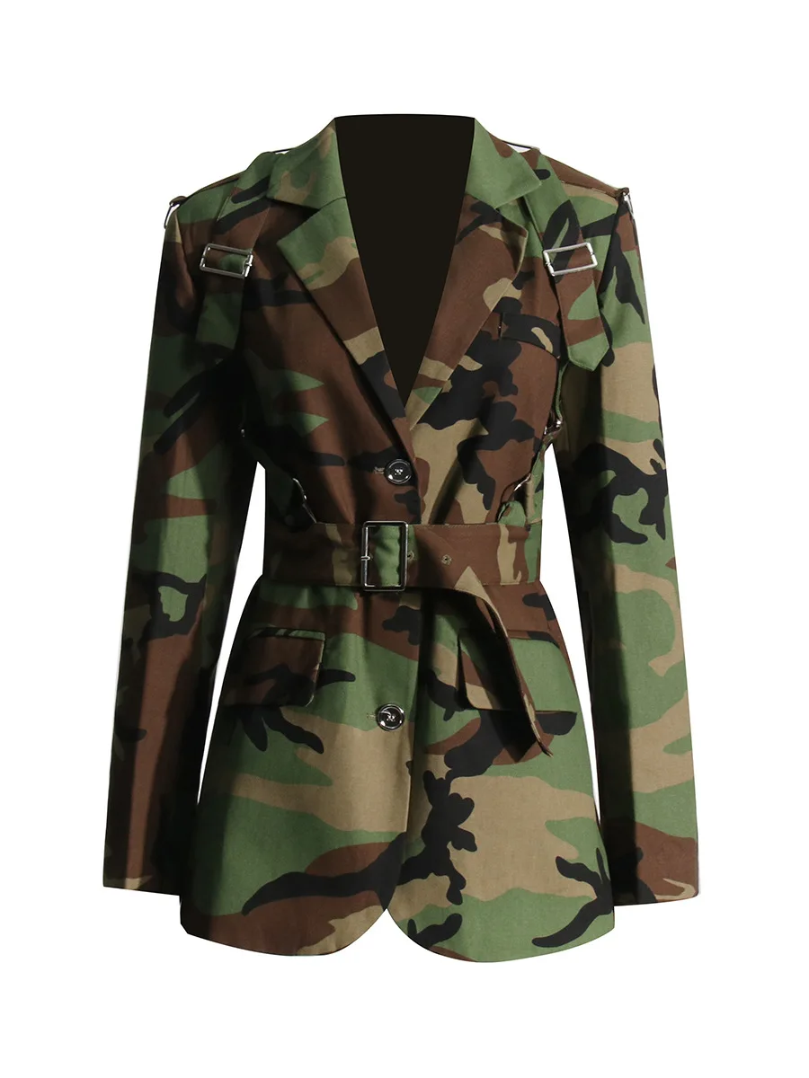 2024 Fashion V-neck Long Sleeve Belt Print blazer lapel coat