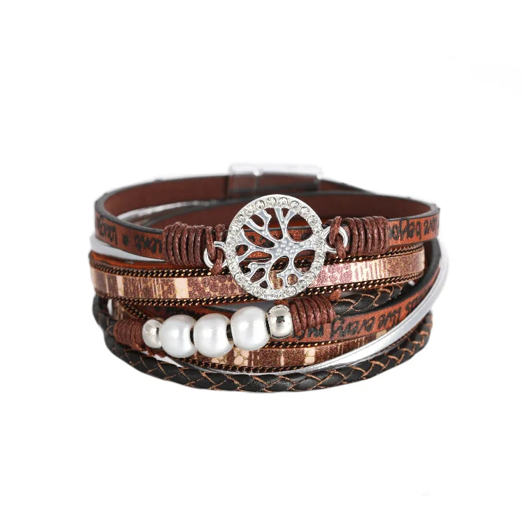 Life Tree Leather Bracelets For Women Bohemia Braided Multilayer Wrap Bangles Fashion