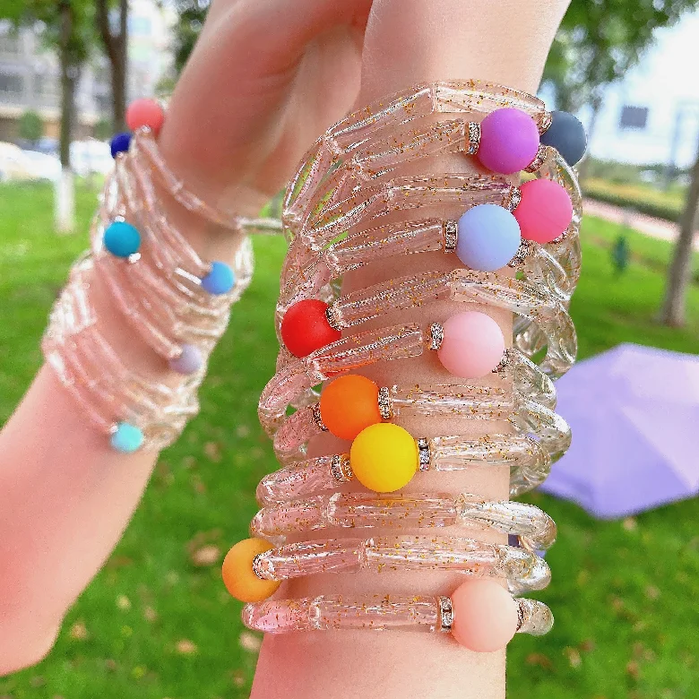 2021 New Colorful Round Beads 6mm Resin Acrylic Bracelets Bamboo Curved Tube Bead Transparent Shine Elastic Beaded  Bangle