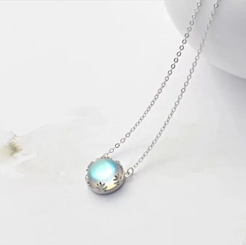 925 Sterling Silver Natural Branch Female Simple Chic Korean Celebrity Gift Round Natural Stone Moonstone Pendant Necklace