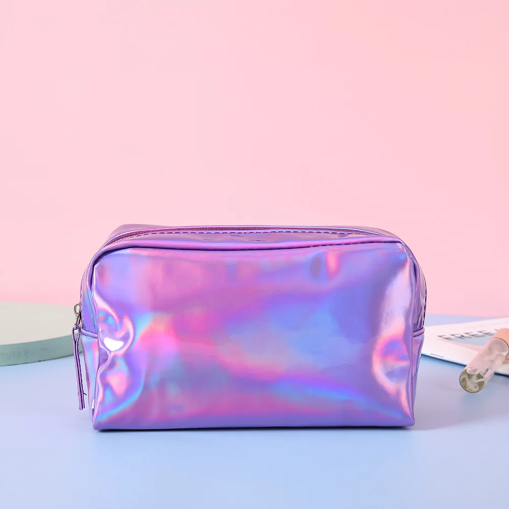 50 piece Customized Logo PU cosmetics bag waterproof holographic makeup bag silver case rose gold cosmetic pouch