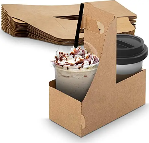 Customized take away hot sale paper cup carrier with handle to go tea kraft packing disposable coffee paper cup holder
