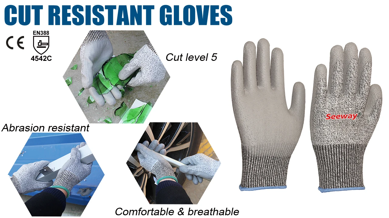 Seeway Cut level 5 PU Grip Cut Resistant Gloves Cut Resistance Level 5 Knit Anti Cutting Gloves
