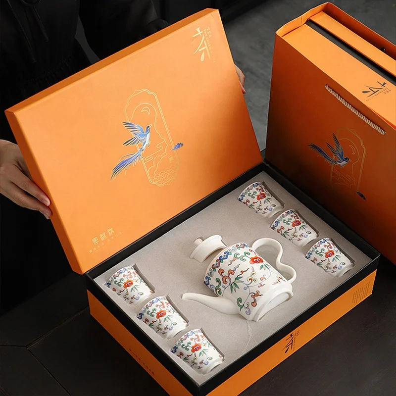 New Style Vintage Fancy Small Ceramic Tea Cup Set Gift Beautiful Colorful Print Kung Fu Tea Cup And Pot Set