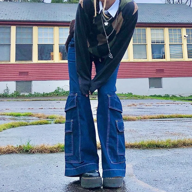 Women Big Pockets Patchwork Streetwear Cargo Pants High Waist Vintage E Girl Denim Trousers Y2k Baggy Wide Leg Jeans