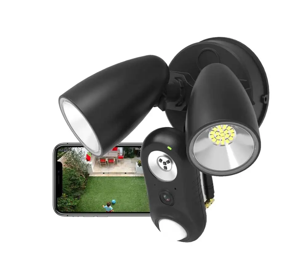 
wifi double head security floodlight camera outdoor led smart mesh pir motion sensor garden light with app control 