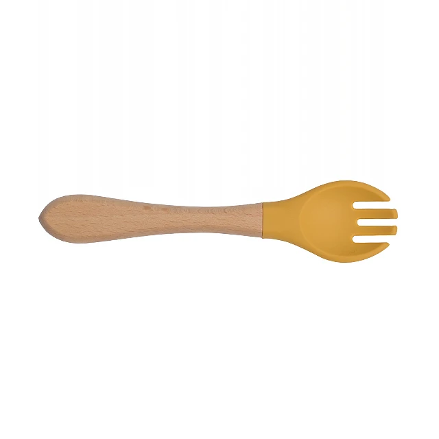 Food Grade BPA Free Non Toxic Easy to Clean Bamboo Wooden Silicone Baby Feeding Kids Children Fork Spoon Dishwasher Safe