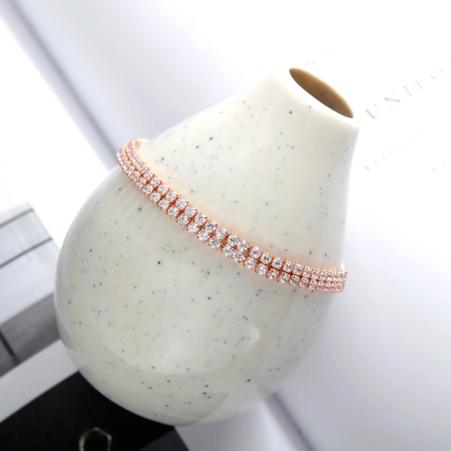 2020 Hot Selling Fancy Crystal Jewelry Rose Gold Double Raws Adjustable  Push-pull Crystal Chains Brass Bangle Bracelets Women