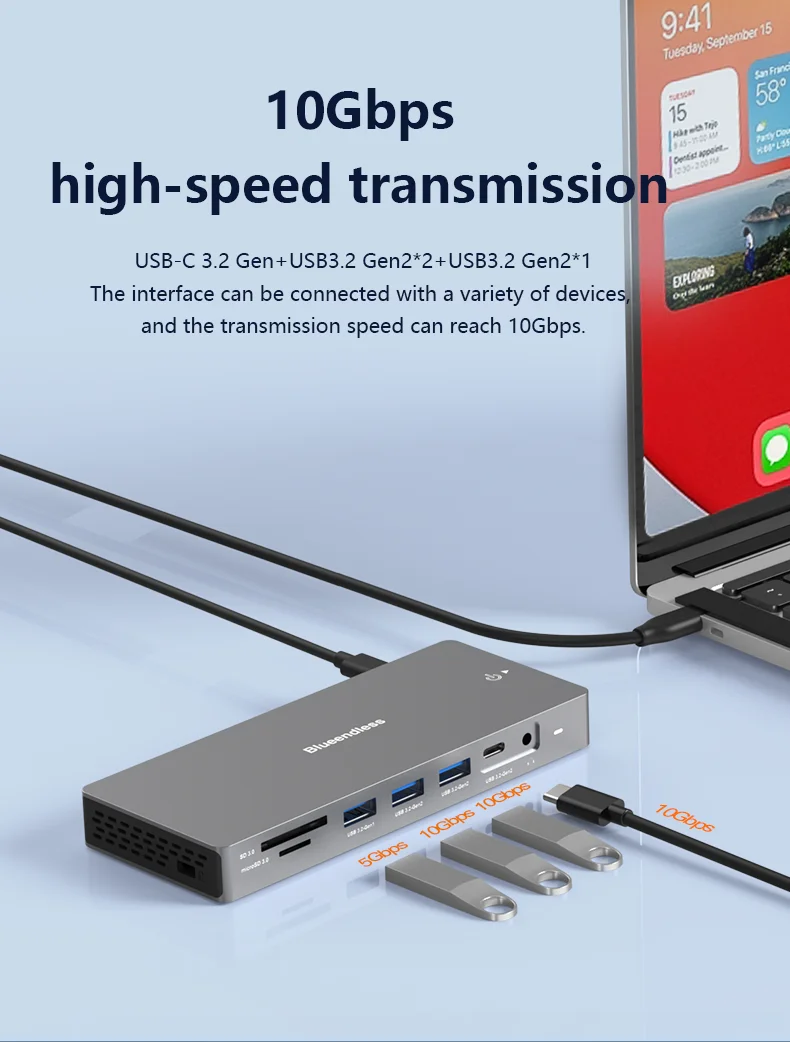 Dual Displayport HDTV gigabyte RJ45 MST Hub 13 ports hub displayport to triple type c docking station