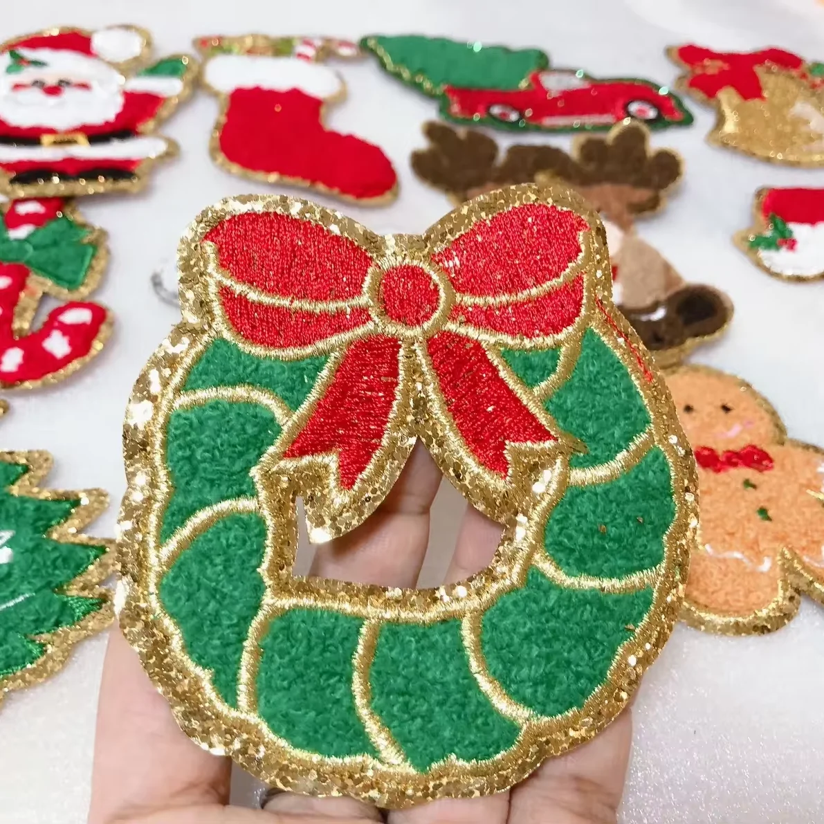 Christmas tree Santa Gingerbread Man Iron on Chenille Embroidered Applique Patch design for T-Shirt
