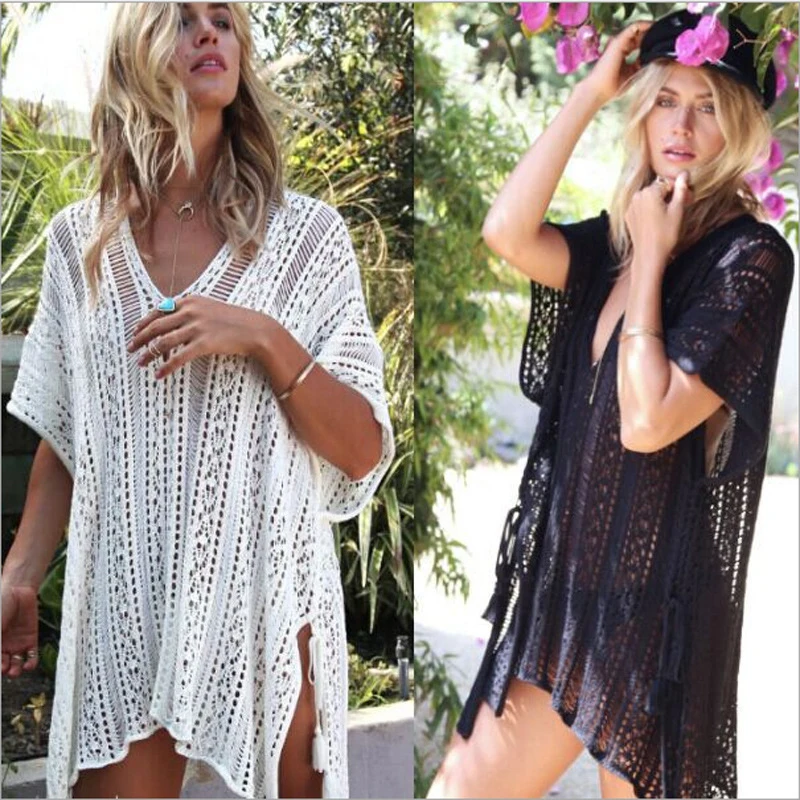 Wholesale Elastic Beach Dresses and Cover Ups Hollow out Woman Bikini Blouse Swimsuit Overall V-neck Plus Size Swim Cover Ups