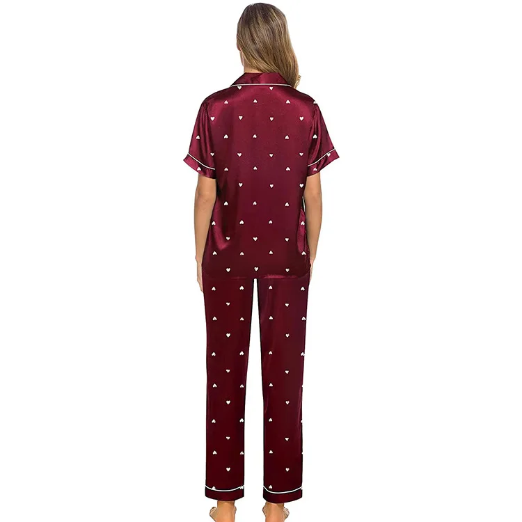 Woman Two-Piece Satin Pajamas Nightgown  Plus Size Satin Sleep Pajamas Red Love Set For Women