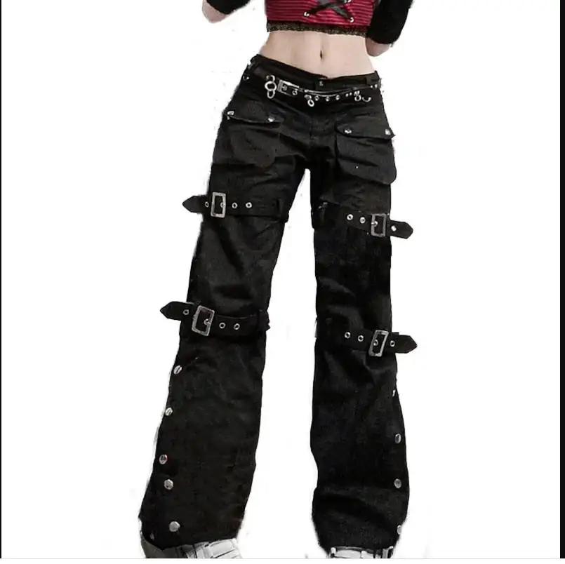 Comic Print Punk Goth Pant Grunge Black Clothes Korean Fashion Pocket Straight Women Streetwear Flared Y2k Hippie Jeans