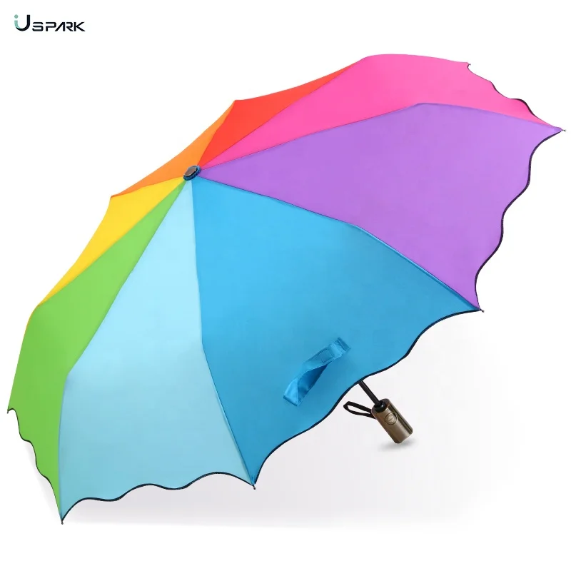 Colorful Rainbow Automatic Folding Umbrella Windproof Compact Travel umbrellas for women