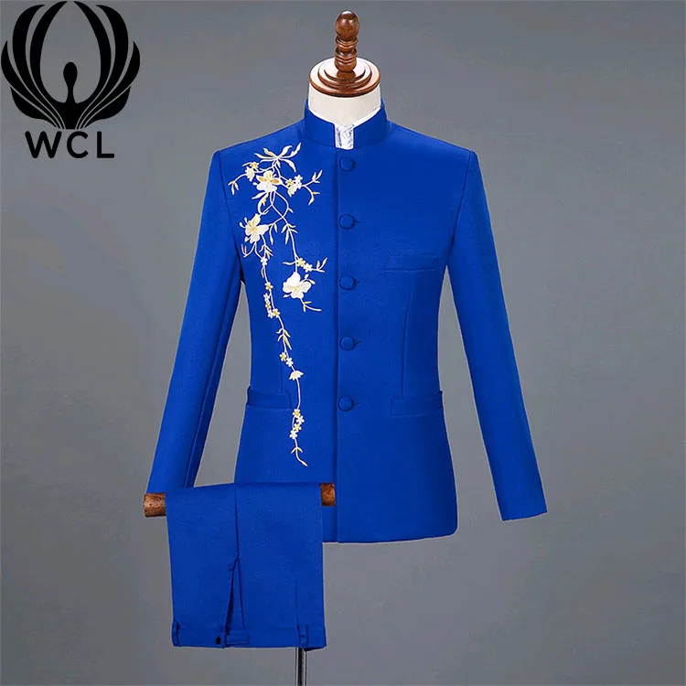 Blazers Plus Size Stand-up Collar Summer Slim Fit Blue Dress Chorus Costume 2 Pieces Men Chinese Tunic Suits