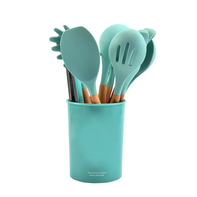 New product ideas 2022 kitchen accessories 12 Piece Set food grade reusable wood handle silicone kitchenware
