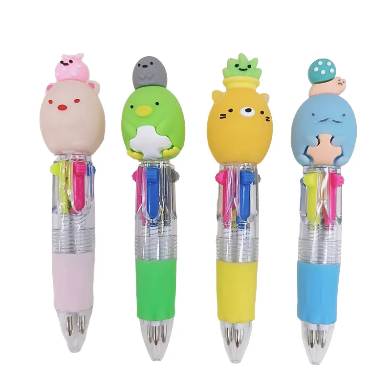 Mini 4 Color Ballpoint Pen Cute Short 4 In 1 Multi Color Pen With Cartoon Pvc Head Top Ball Pen For Kids