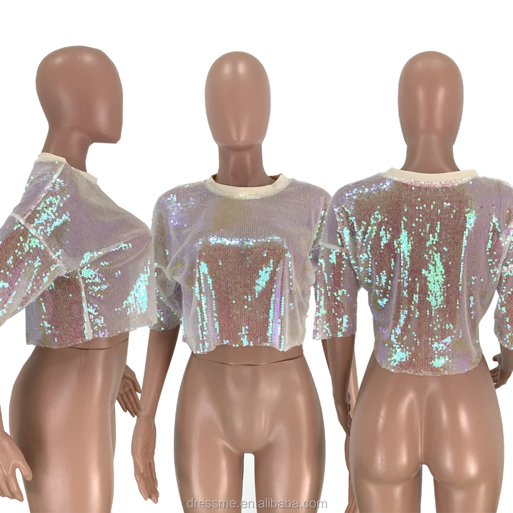 MD8281 женские футболки с блестками 2019 Новая Европейская и американская Женская куртка с блестками Сексуальная футболка с коротким рукавом для ночного клуба