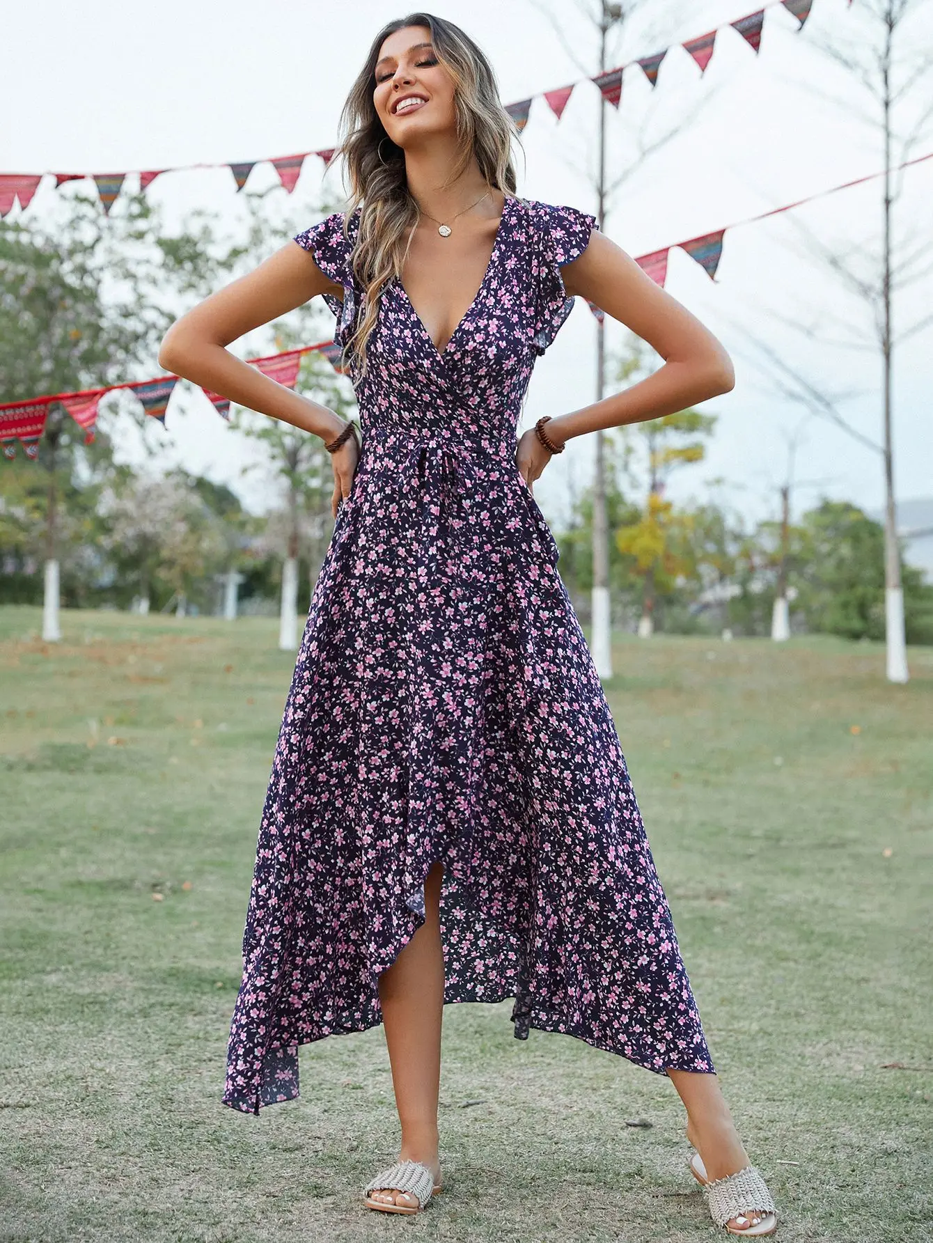 Boho High Waist RAYON Flower Print Women Dress Summer Lace-up Sundress 2022 Fashion Wrap Asymmetric Long Flowy Summer Dresses
