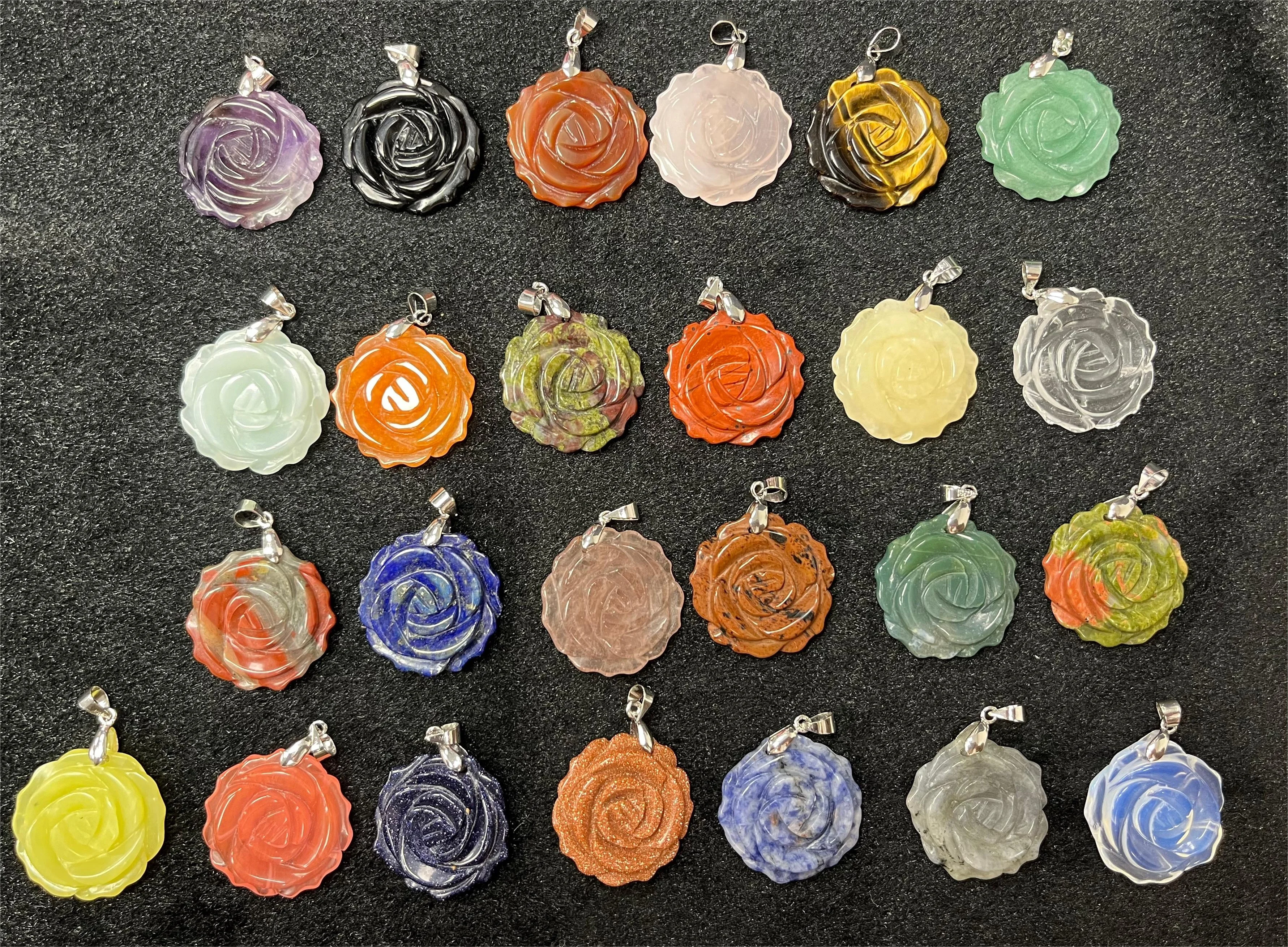 YMJ Vintage 25mm Real Jade Tiger Eye Big Carved Rose Flower-shape Charm Pendant Healing Stone Pendants for Necklace Jewelry Diy