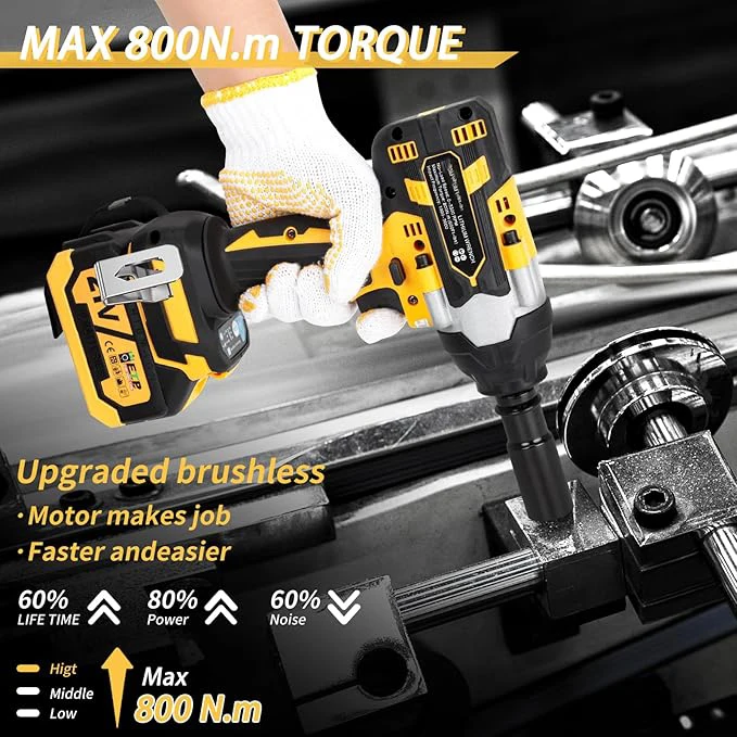 GreenBatt OEM/ODM 1/2 Cordless Impact Wrench Set with Brushless Motor and Lithium Battery 800N.M Power Wrenches Tools