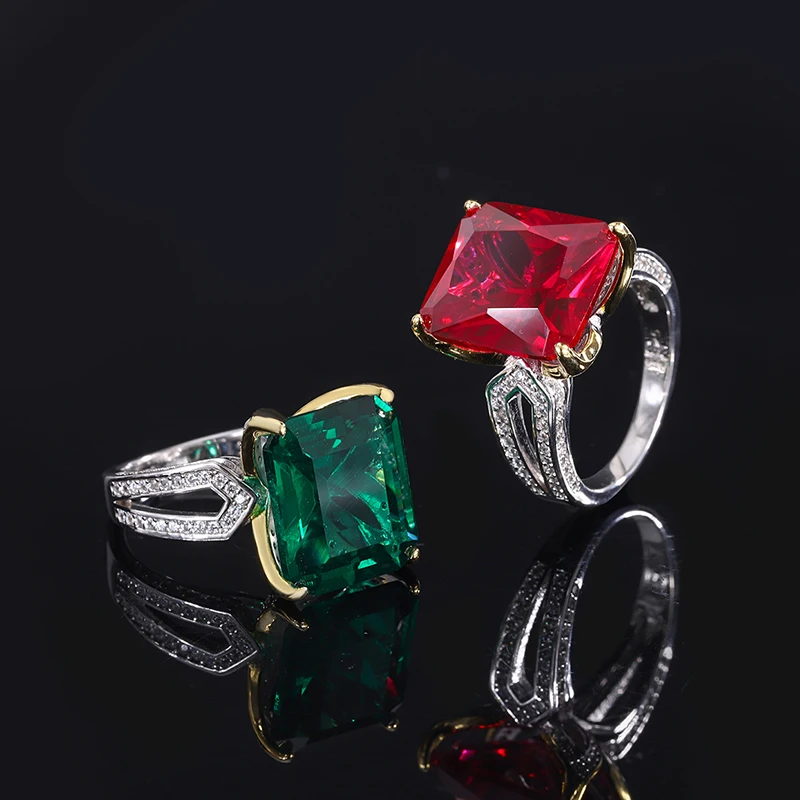 Hot sale S925 silver inlaid zircon 18K gold color gem emerald pigeon blood ruby long shape ladies ring jewelry