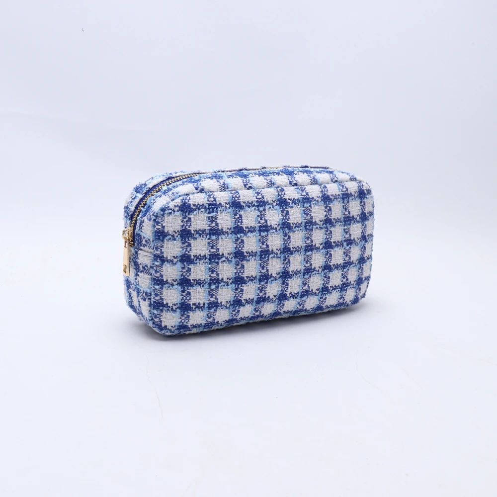 Keymay Stock NO MOQ Premium Tweed cosmetic make up case bag for Ladies Multi Use Pouch Large Capacity Zipper Pouches Custom
