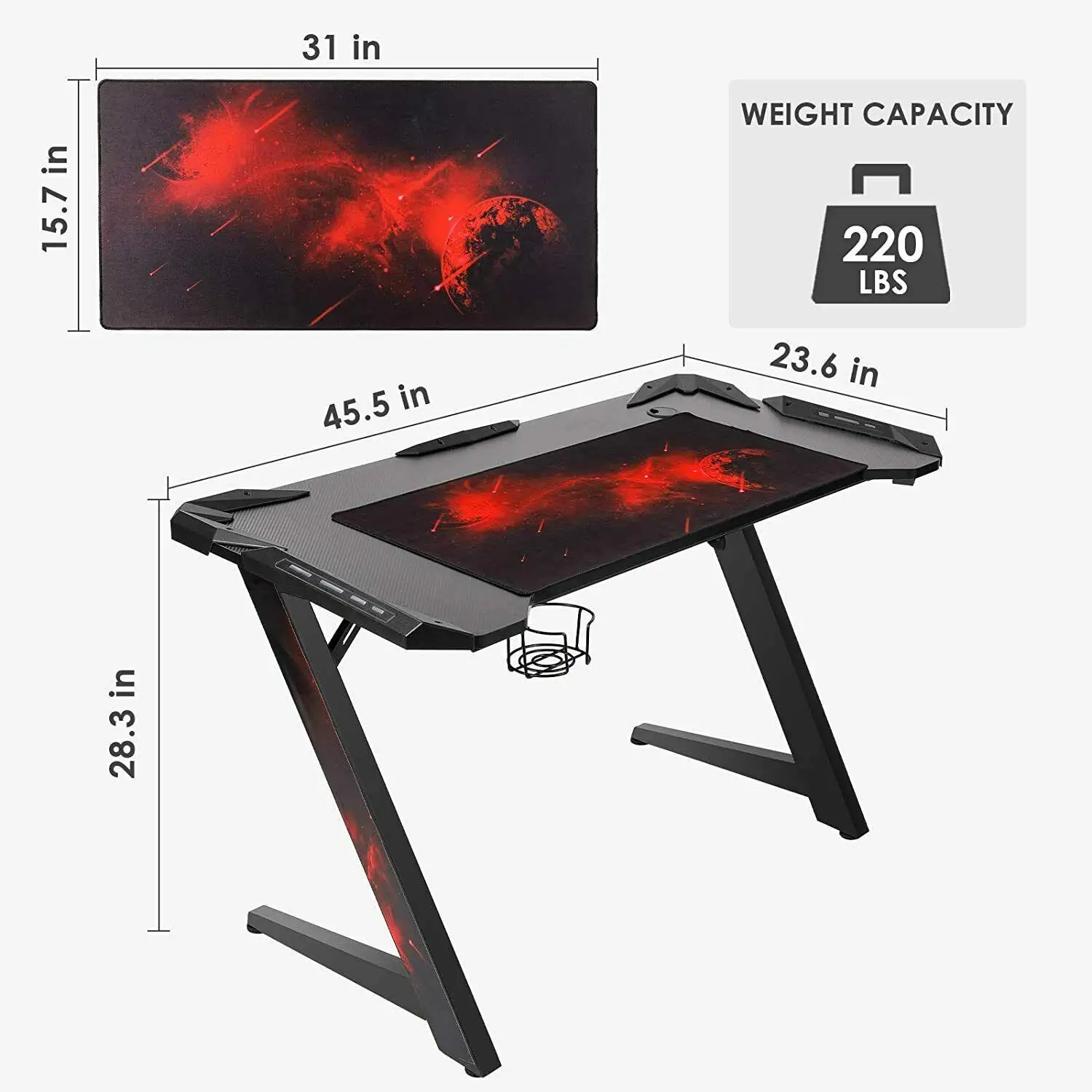  Lulu Tech Z Shaped Computer wide Racing Style Office Table Gamer Pc Big Workstation Gaming Desk with Free Mouse Pad Handle