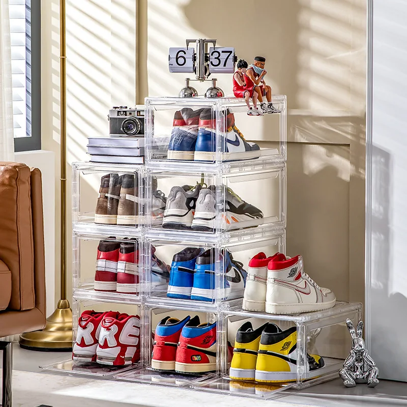 Wholesale Transparent Plastic Sneaker Stackable Shoe Storage Boxes Drop Front Acrylic Drawer Type Magnetic Clear Shoe Box