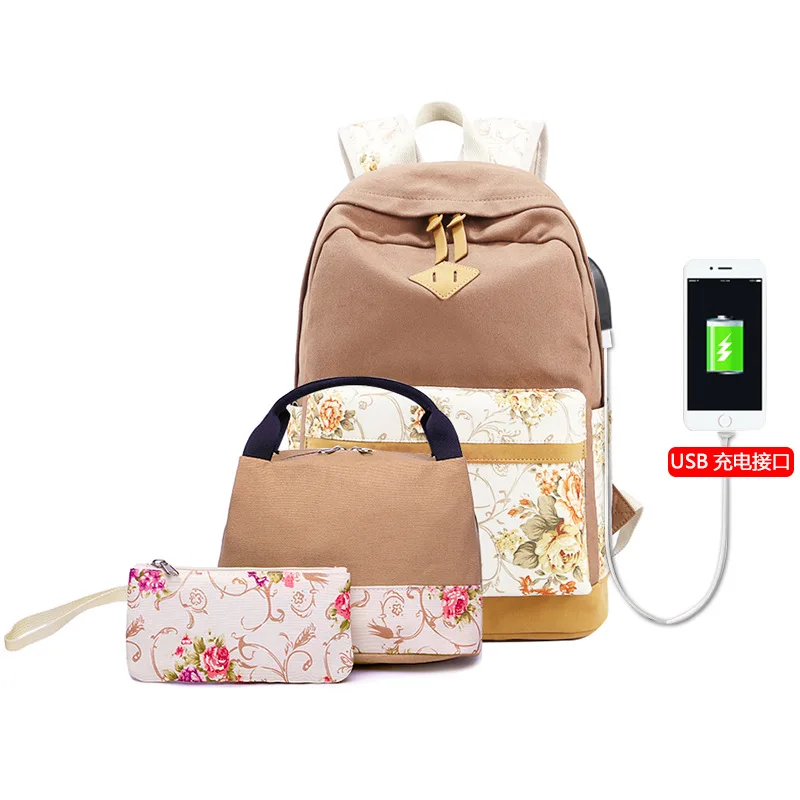 New 3pcs/Set Girl Backpack Custom Print Leisure Canvas Schoolbag Travel Backpack with usb charging