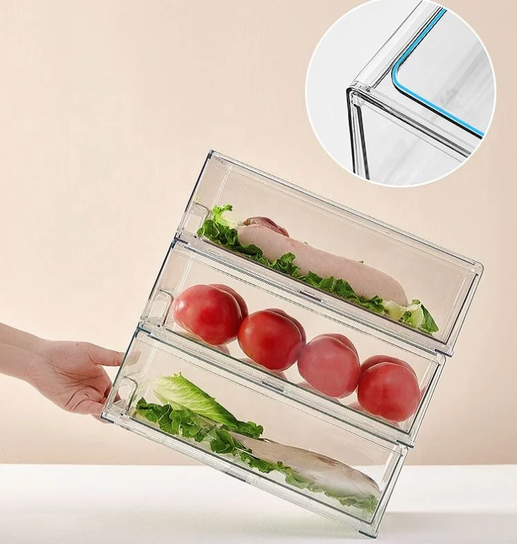2 Pack Stackable Refrigerator Pull-out Drawer Drawable Clear Fridge Plastic Kitchen Pantry Storage Containers Organizer Bins set